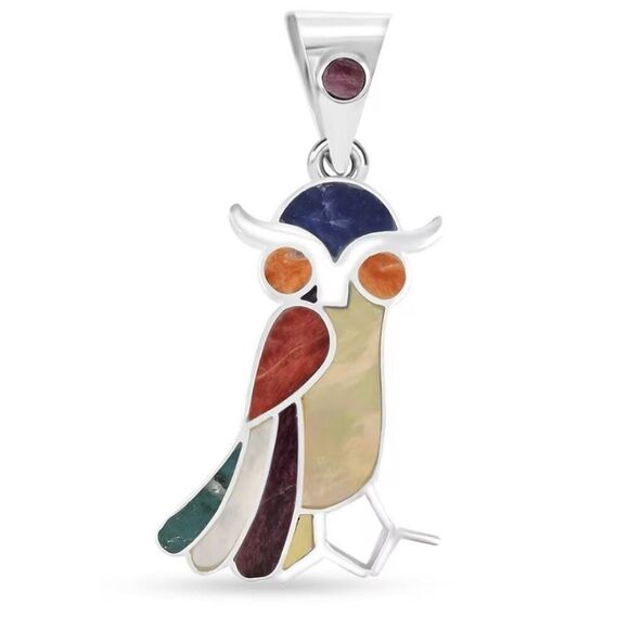 Peruvian Artistry Multi Gemstone 1.10 ctw Owl Pendant Necklace Sterling Silver - Picture 1 of 5